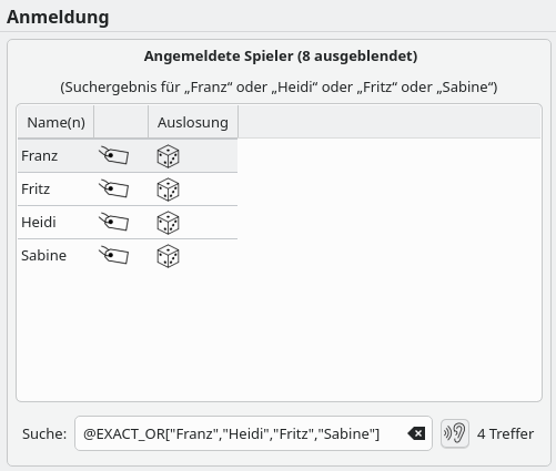 Ergebnis der Suche nach allen Spielern eines Tischs auf der Anmeldungsseite