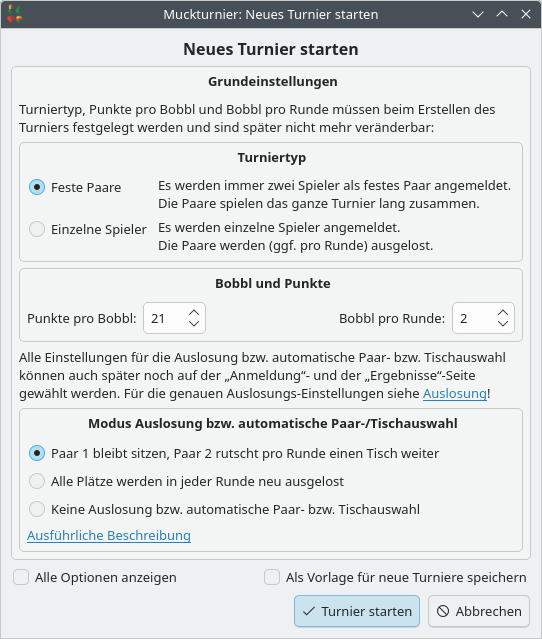 „Neues Turnier starten“-Dialog mit den Einstellungen für die Auslosung