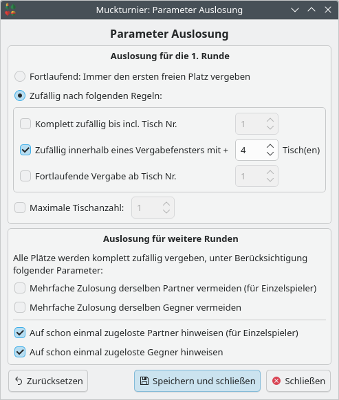 Dialog mit den Auslosungs-Parametern