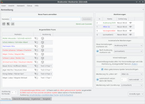 Die Anmeldungsseite. Es können Voranmeldungen und, bei Feste-Paare-Turnieren, auch allein gekommene Spieler berücksichtigt werden. Eine Auslosung direkt bei der Anmeldung ist auch möglich.