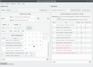 Die Eingabemaske für Ergebnisse, hier mit zwei Bobbln pro Runde und „horizontalen“ Spielstandzetteln. Die Rangliste ist neben der Ergebnisse-Seite angeordet.